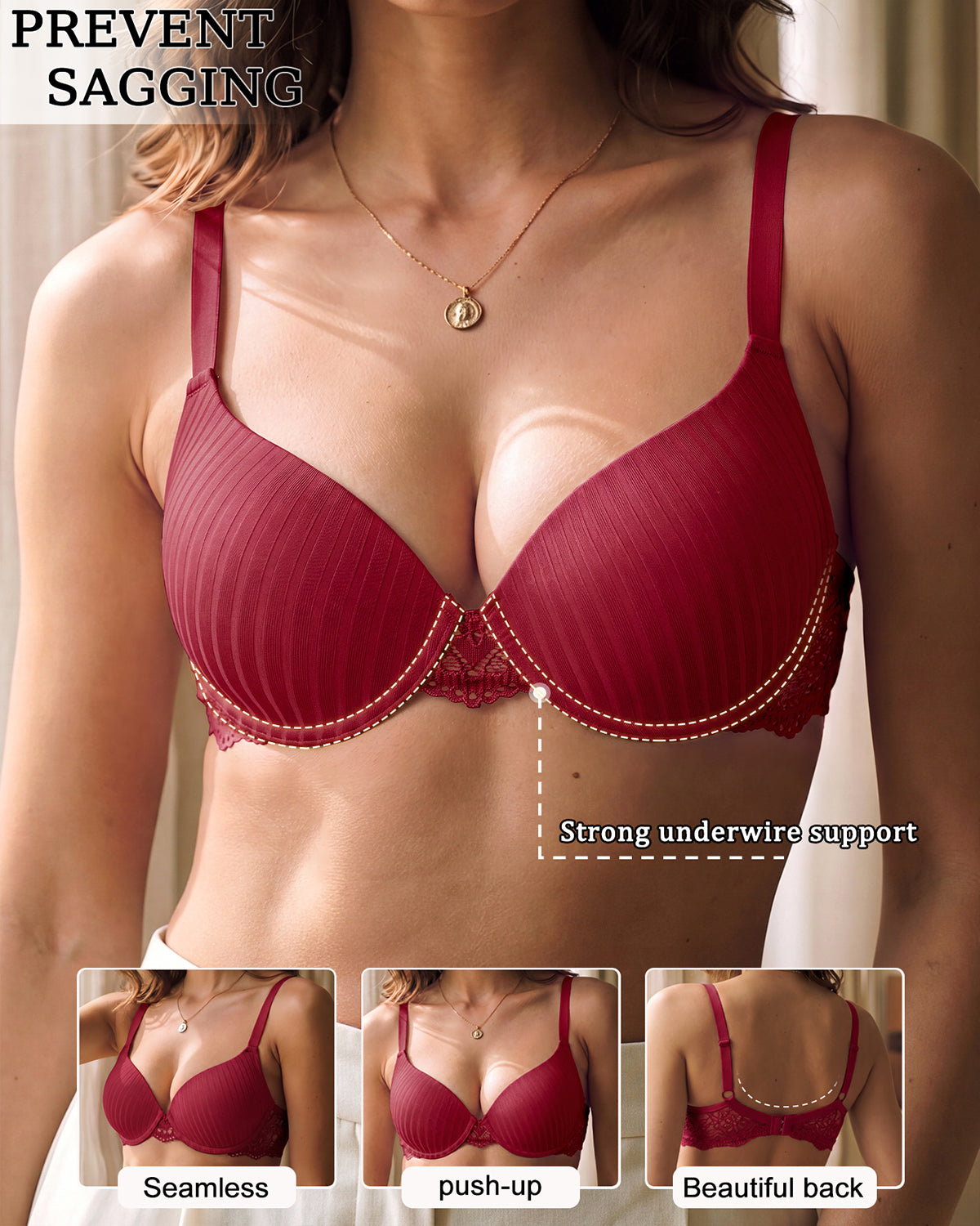 Women's underwire lace trim bra – Red (2)