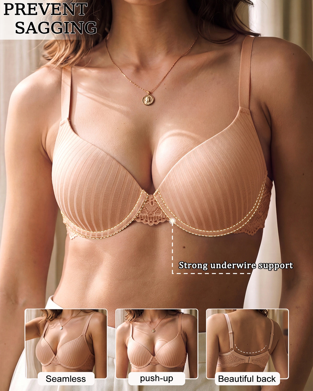 Women's underwire lace trim bra – Apricot (2)