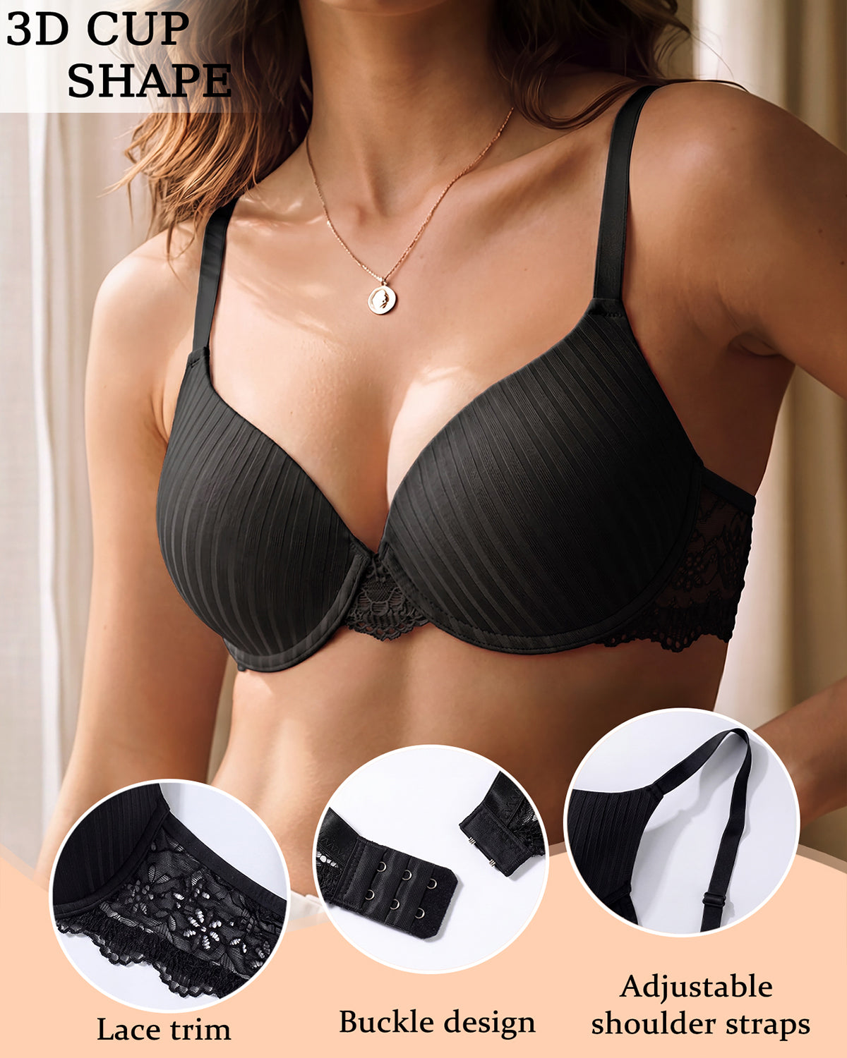 Women's underwire lace trim bra – Black (4)