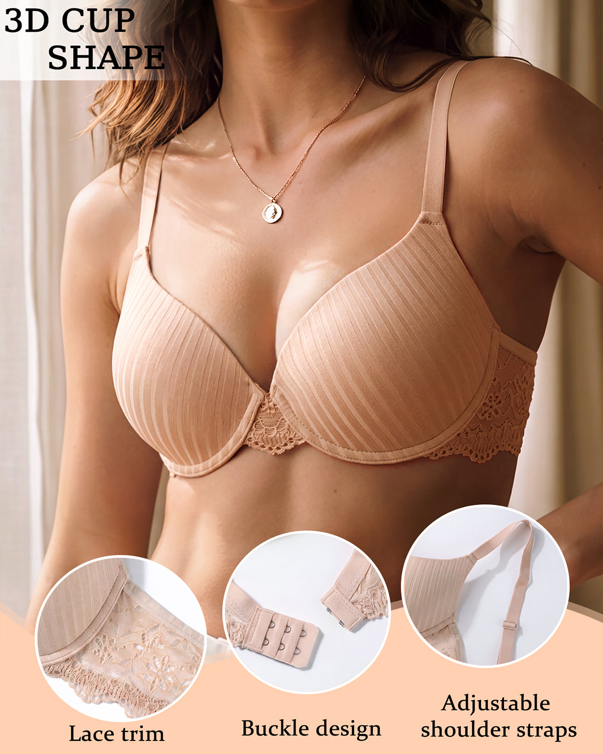Women's underwire lace trim bra – Apricot (4)