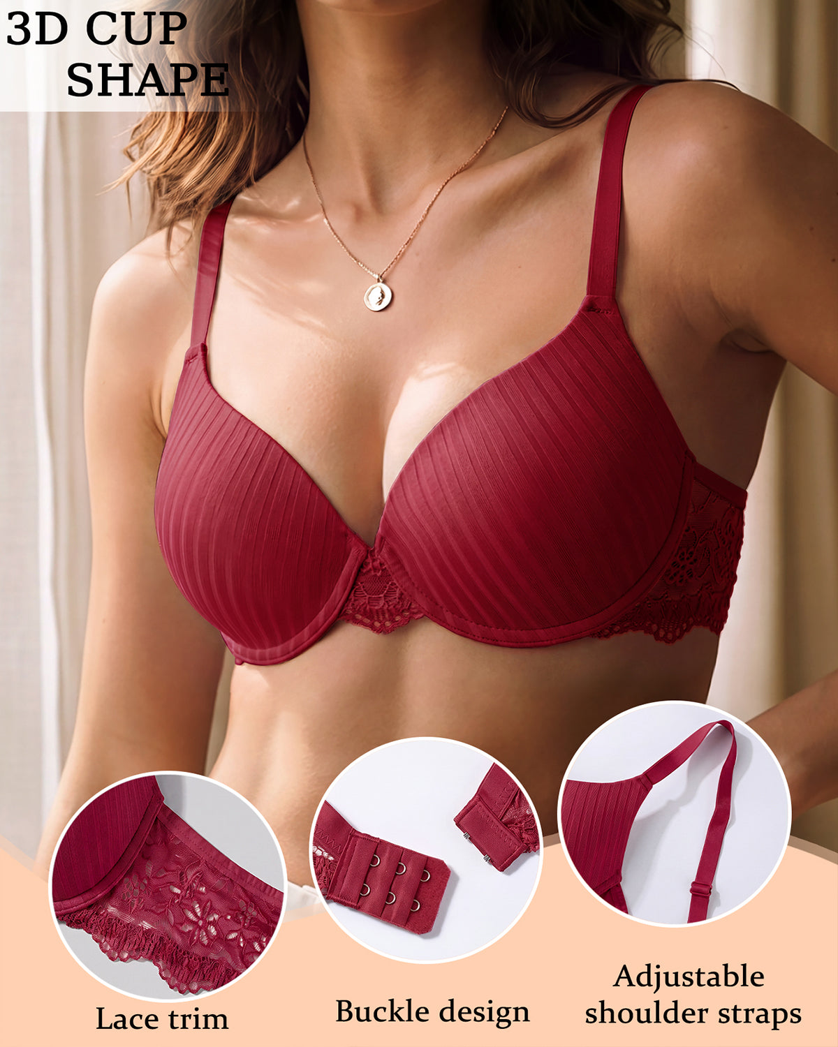 Women's underwire lace trim bra – Red (5)