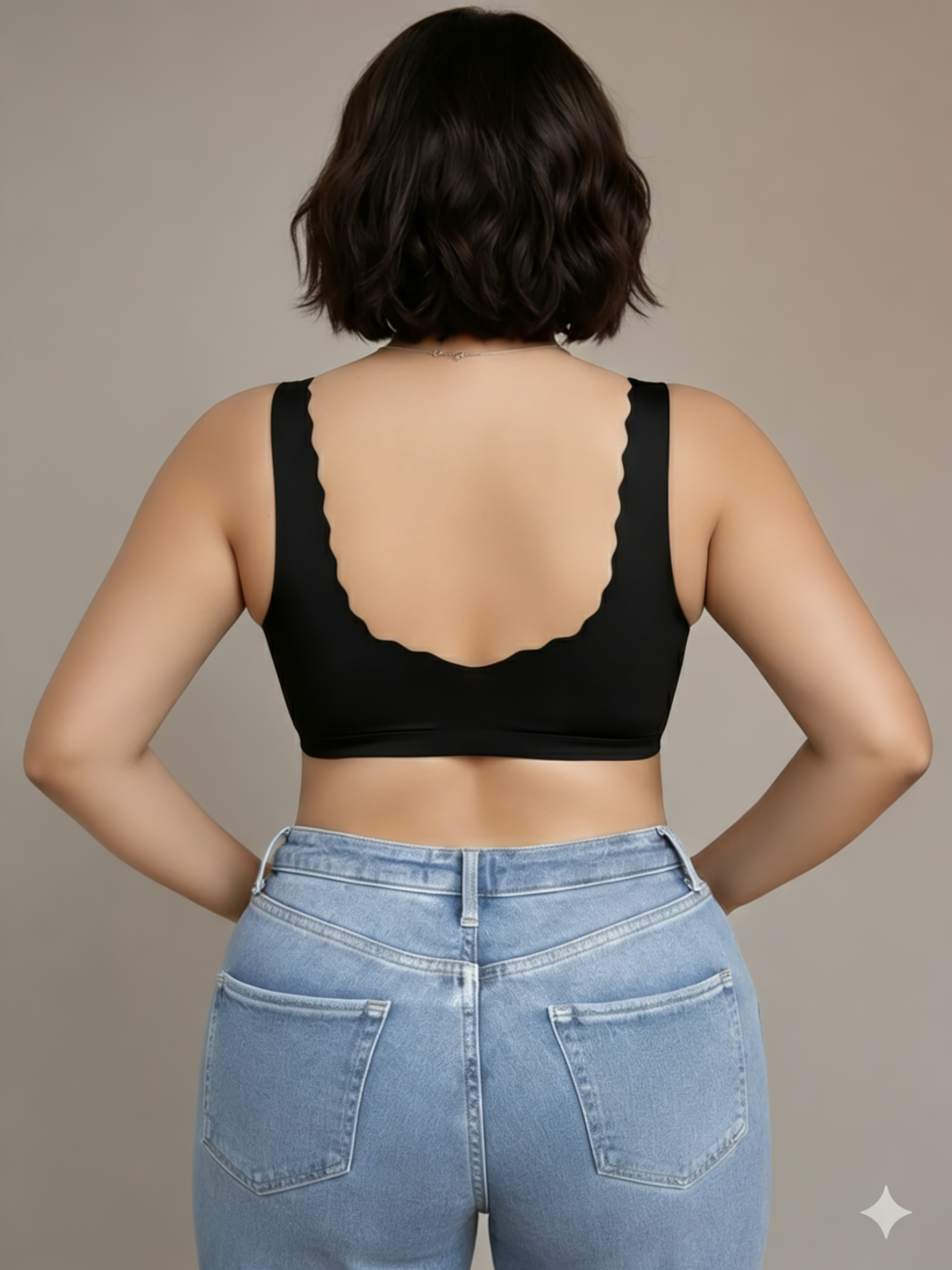 Plus Size Wireless Backless Scalloped Bra, Black Seamless Back Support Bra for Full Figure, Comfortable Everyday Lingerie