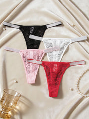 Lace Thong with Shiny Elastic Straps - 4 Color Pack